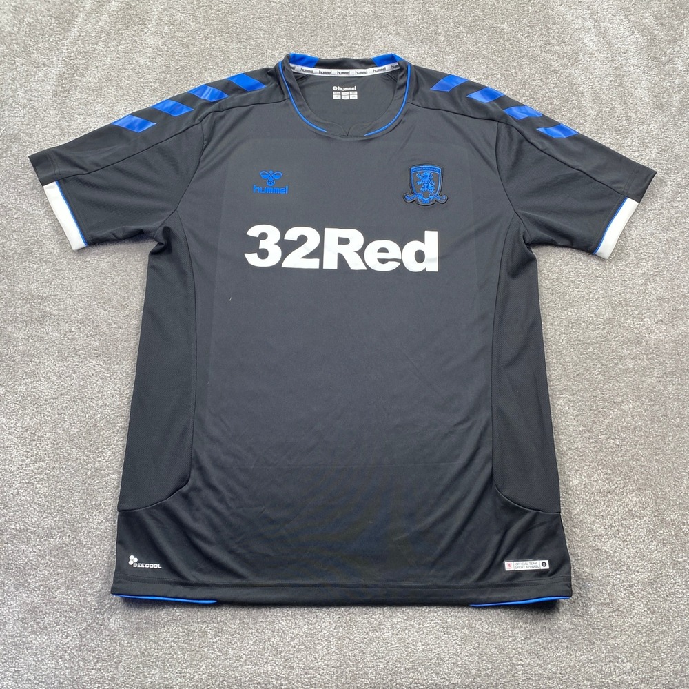 Hummel Middlesbrough FC 32Red Away Soccer Jersey Mens Large Black Blue BeeCool